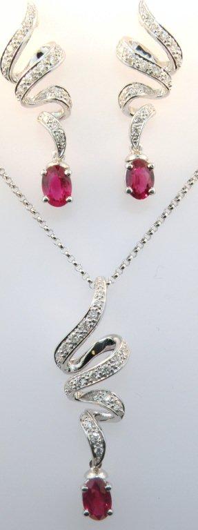 Ruby and Diamond Swirl Pendant and Earrings